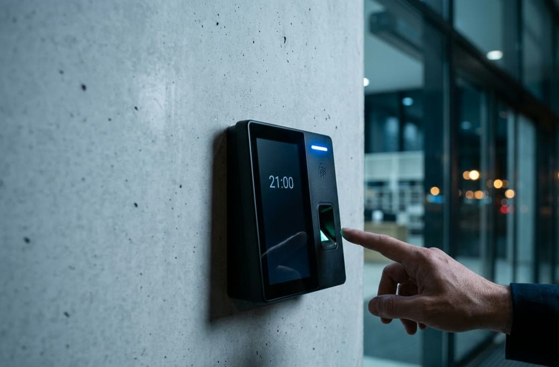 Persona usando un lector de control de acceso en la entrada de una empresa