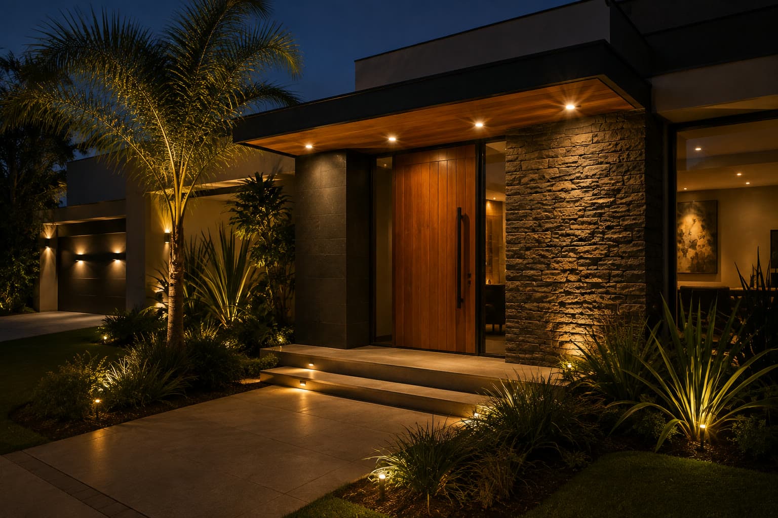 Entrada iluminada de una casa moderna al anochecer, con muro perimetral y jardín con luminarias
