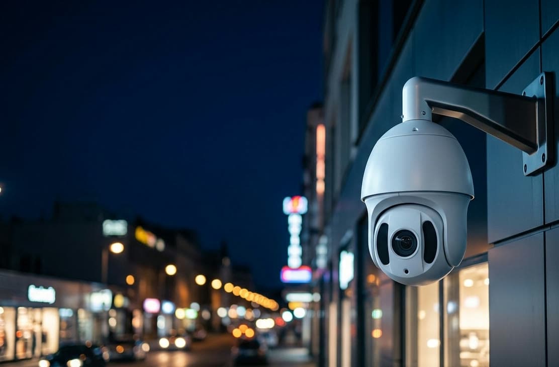 Cámara de videovigilancia instalada en la fachada de un comercio durante la noche
